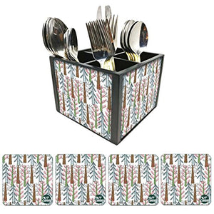 Nutcase Designer Flatware Cutlery Stand Holder Silverware Caddy-Spoons Forks Knives Organizer With Matching Metal Coasters - Autumn Woods