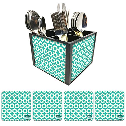 Nutcase Designer Flatware Cutlery Stand Holder Silverware Caddy-Spoons Forks Knives Organizer With Matching Metal Coasters - Blue Flowers Design