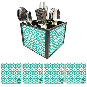 Nutcase Designer Flatware Cutlery Stand Holder Silverware Caddy-Spoons Forks Knives Organizer With Matching Metal Coasters - Blue Flowers Design