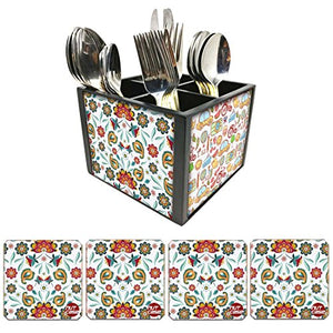 Nutcase Designer Flatware Cutlery Stand Holder Silverware Caddy-Spoons Forks Knives Organizer With Matching Metal Coasters - Beautiful Tropical Design