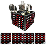 Nutcase Designer Flatware Cutlery Stand Holder Silverware Caddy-Spoons Forks Knives Organizer With Matching Metal Coasters - Dots Red And White