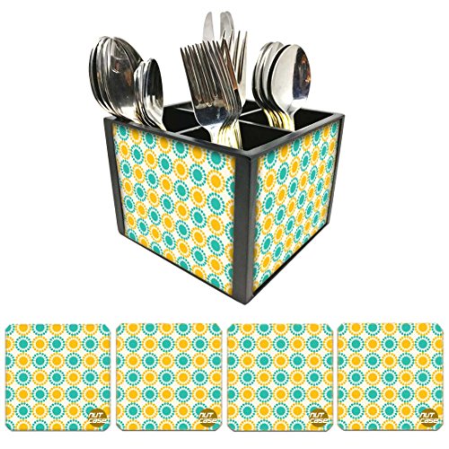 Nutcase Designer Flatware Cutlery Stand Holder Silverware Caddy-Spoons Forks Knives Organizer With Matching Metal Coasters - Colorful Flowers Design