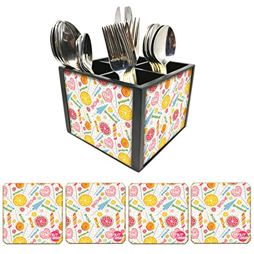 Nutcase Designer Flatware Cutlery Stand Holder Silverware Caddy-Spoons Forks Knives Organizer With Matching Metal Coasters - Colorful Candy