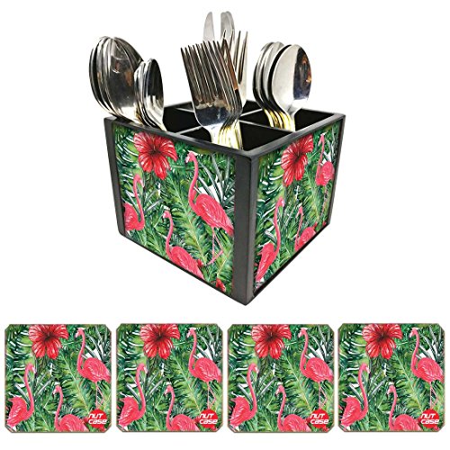 Nutcase Designer Flatware Cutlery Stand Holder Silverware Caddy-Spoons Forks Knives Organizer With Matching Metal Coasters - Hibiscus Flower With Flamingoes