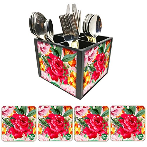 Nutcase Designer Flatware Cutlery Stand Holder Silverware Caddy-Spoons Forks Knives Organizer With Matching Metal Coasters - Roses