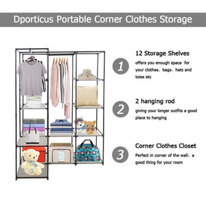 Related dporticus portable corner clothes closet wardrobe storage organizer with metal shelves and dustproof non woven fabric cover in gray
