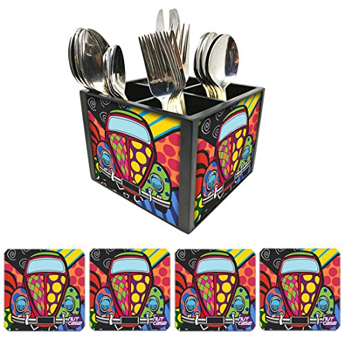 Nutcase Designer Flatware Cutlery Stand Holder Silverware Caddy-Spoons Forks Knives Organizer With Matching Metal Coasters - Retro Car