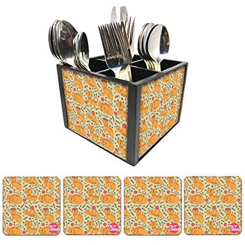 Nutcase Designer Flatware Cutlery Stand Holder Silverware Caddy-Spoons Forks Knives Organizer With Matching Metal Coasters - Kitty Cat