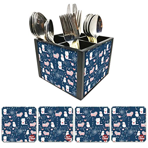 Nutcase Designer Flatware Cutlery Stand Holder Silverware Caddy-Spoons Forks Knives Organizer With Matching Metal Coasters - Blue Cats
