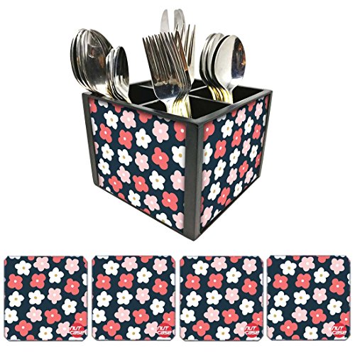 Nutcase Designer Flatware Cutlery Stand Holder Silverware Caddy-Spoons Forks Knives Organizer With Matching Metal Coasters - Flowers Of Spring