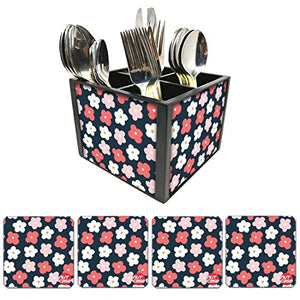 Nutcase Designer Flatware Cutlery Stand Holder Silverware Caddy-Spoons Forks Knives Organizer With Matching Metal Coasters - Flowers Of Spring