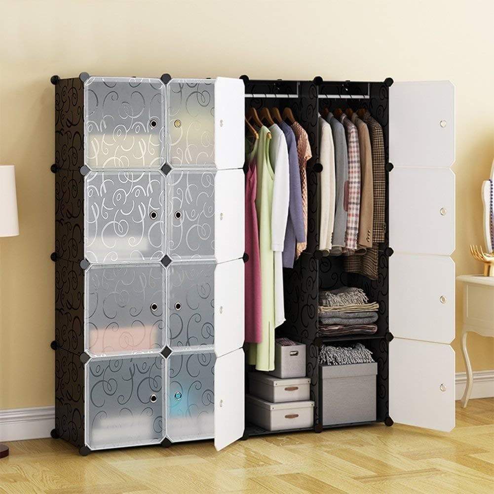 Select nice honey home modular plastic storage cube closet organizers portable diy wardrobes cabinet shelving with doors for bedroom office 16 cubes black white