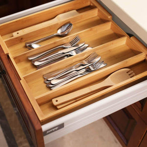 Try bamboo expandable utensil cutlery tray drawer organizer divider 3 compartments with 2 adjustable dimensions beautiful durable and multifunctional utensil holder and organizer