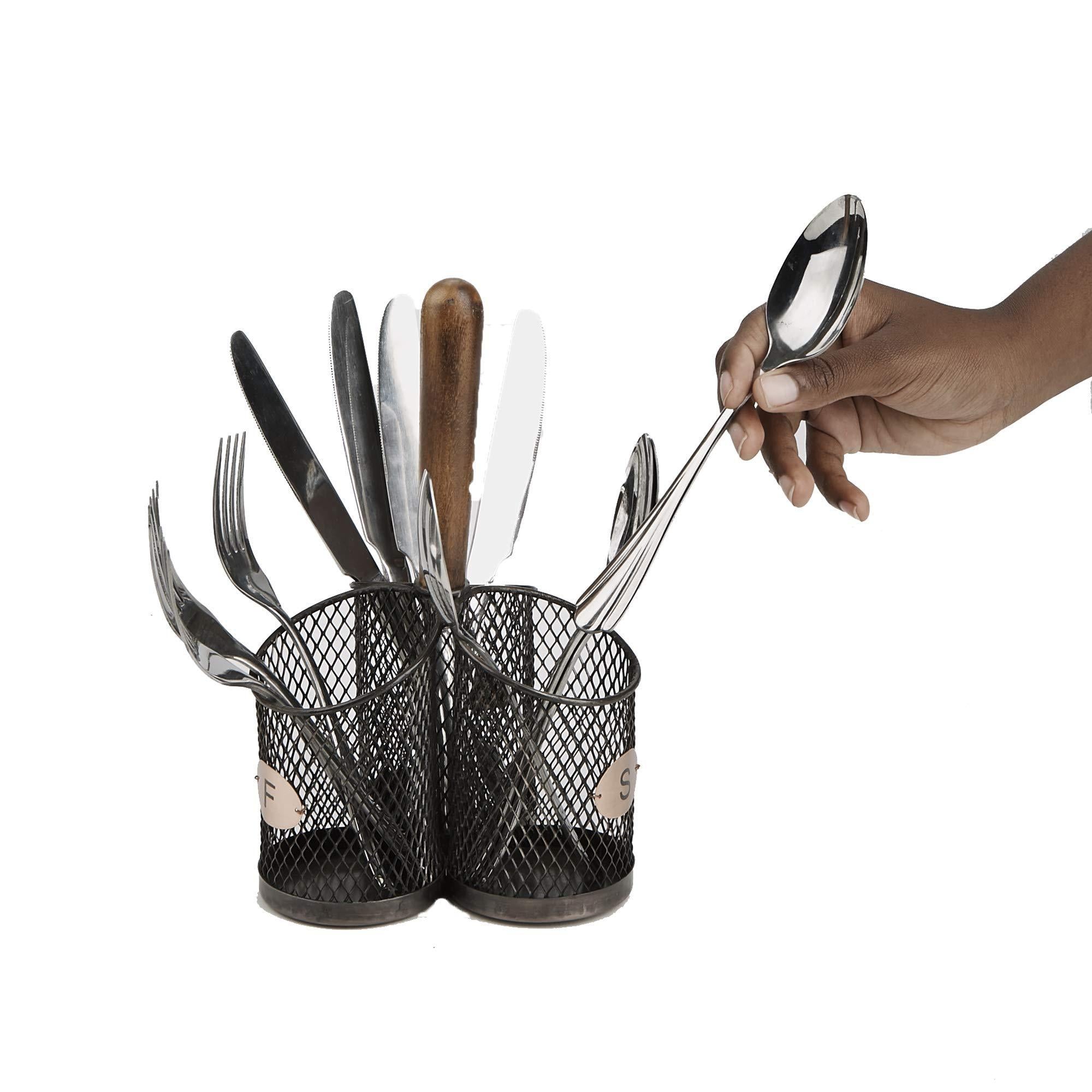 Kitchen mind reader 3wcadut brn wood 3 section utensil caddy cutlery holder flatware silverware organizer forks spoons knives dining table countertops kitchen brown one size black mesh