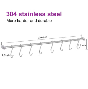 Discover the kitchen utensil hanger rail wit 8 hooks sagmoc 24 inch utensil hanger rack wall mounted for pot pan kitchen tools ideal kitchen hanging organization 304 stainless steel brushed nickel