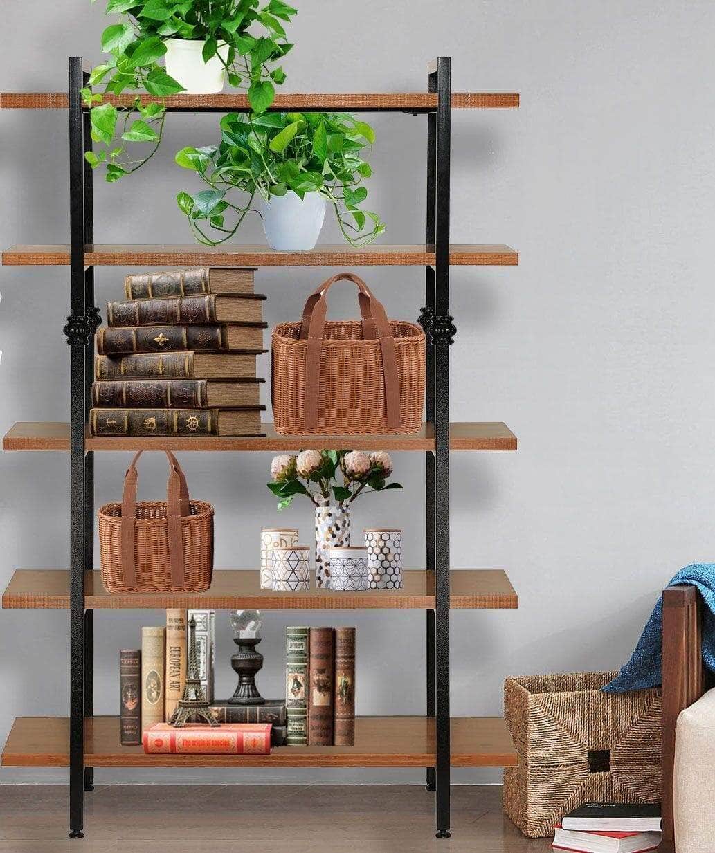 Try sprawl 5 tier vintage bookshelf free standing multi purpose open wooden book storage shelves ladder shelf closet organizer