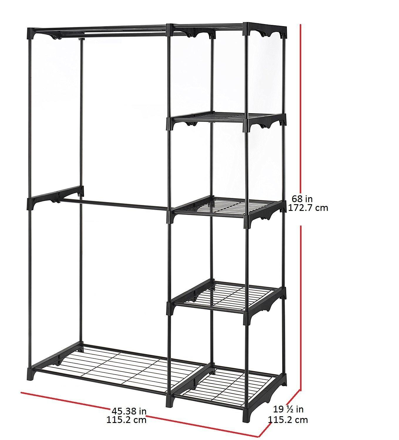 Shop for whitmor freestanding portable closet organizer heavy duty black steel frame double rod wardrobe cloths storage with 5 shelves shoe rack for home or office size 45 1 4 x 19 1 4 x 68