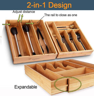 Save voxxov silverware organizer bamboo cutlery and flatware drawer organizer tray kitchen expandable utensils drawer organizer with drawer dividers 2 in 1 design ideal for organizing other accessories