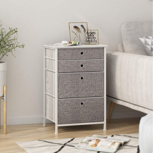 Home langria faux linen home dresser storage tower with 4 easy pull drawers sturdy metal frame and wooden tabletop perfect organizer for guest room dorm room closet hallway office area gray