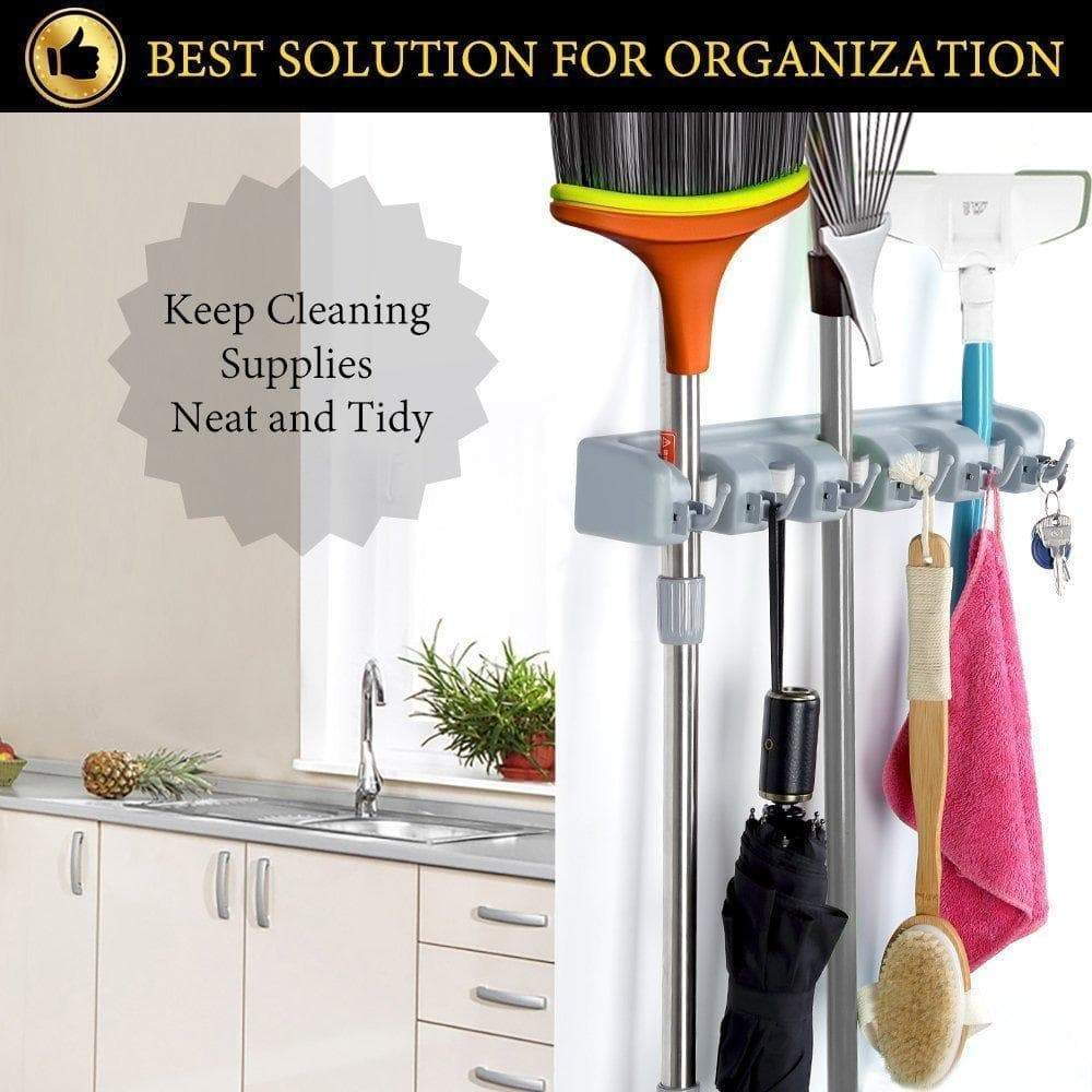 Budget friendly home neat mop and broom holder wall mount garden tool storage tool rack storage organization for the home plastic hanger for closet garage organizer shed organizer 5 position