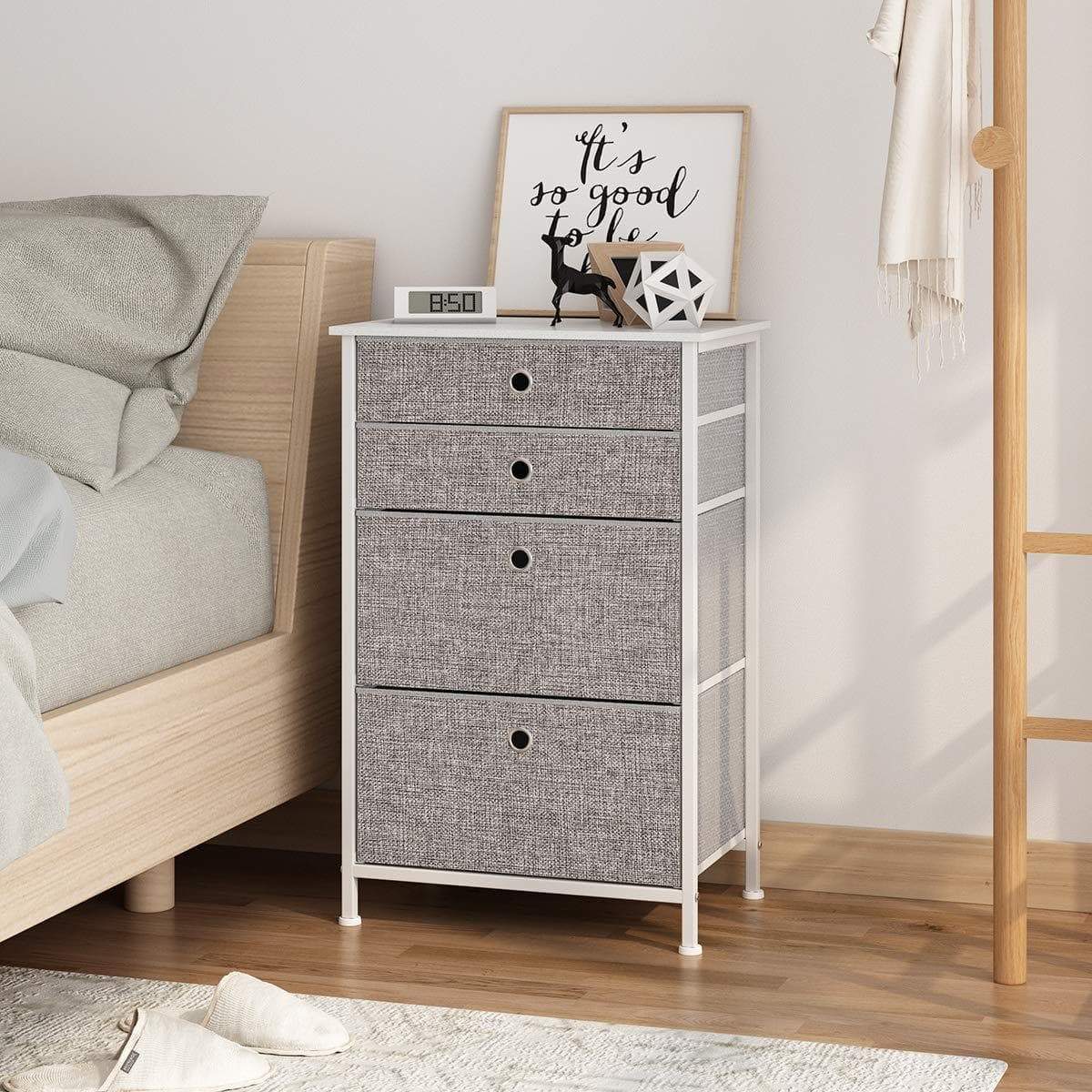 Heavy duty langria faux linen home dresser storage tower with 4 easy pull drawers sturdy metal frame and wooden tabletop perfect organizer for guest room dorm room closet hallway office area gray