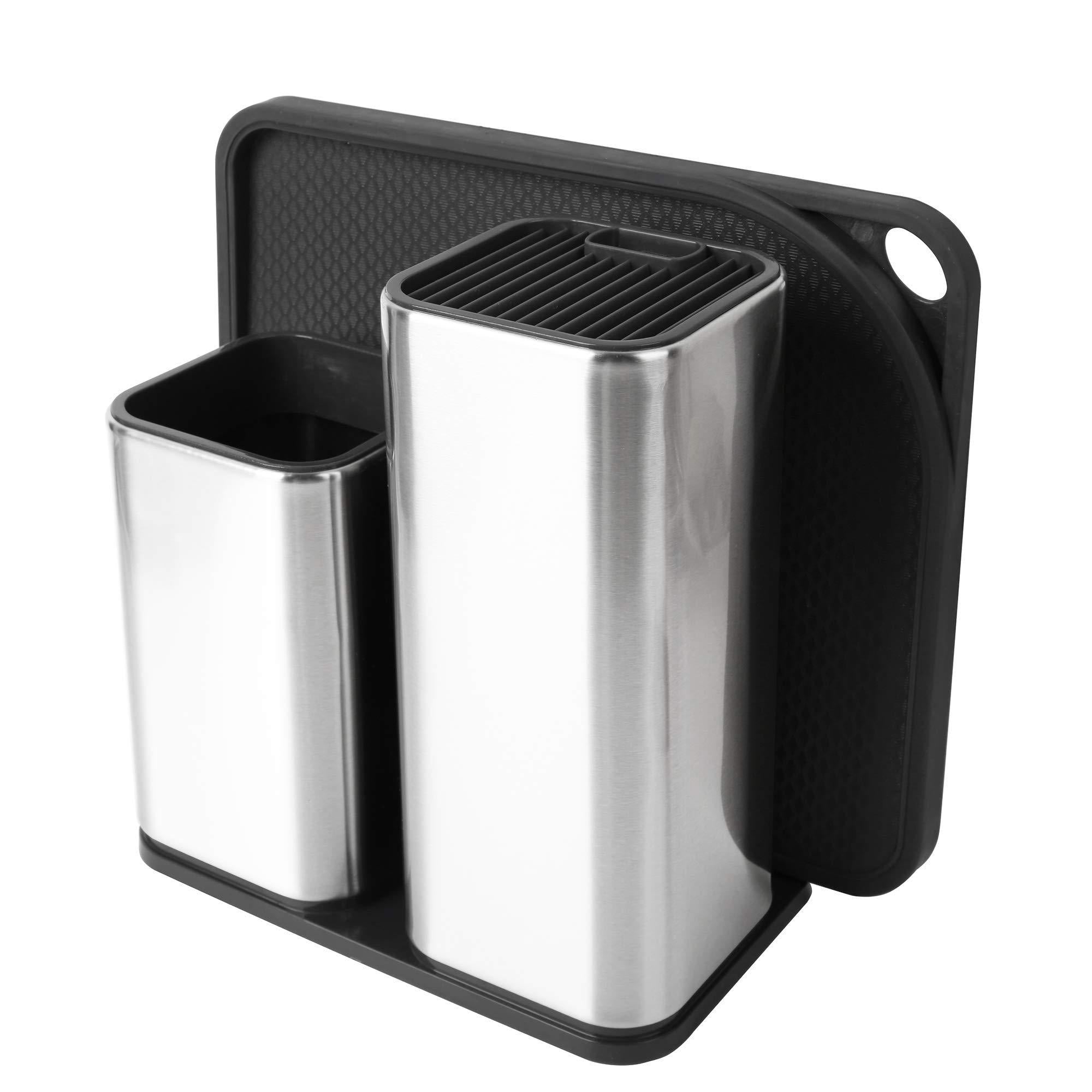 Amazon tophome cutlery holder set knife block cutting board set kitchen storage silverware caddy organizer table storage utensil drying rack holder for kitchen countertop compartment drainer