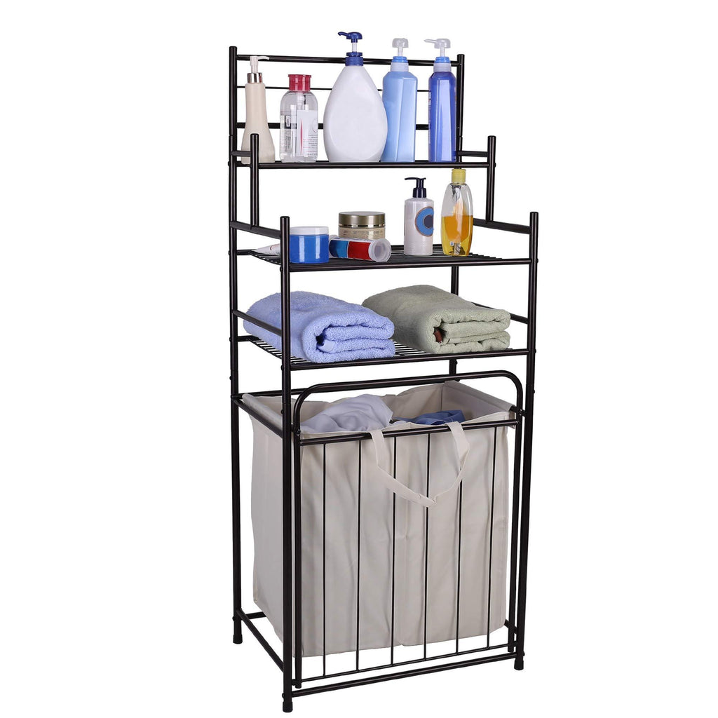 Buy mythinglogic laundry hamper with 3 tier storage shelves bathroom tower storage organizer with dual compartment removeable hamper for bathroom laundry room closet nursery oil rubbed bronze