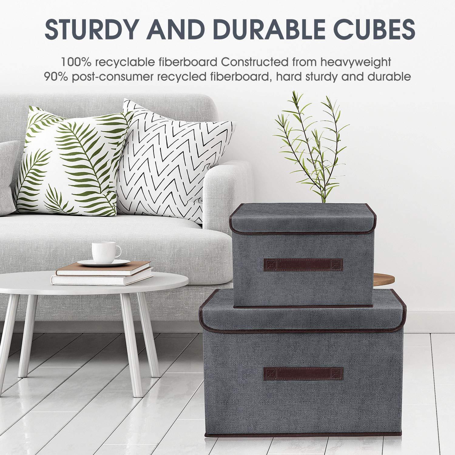 Heavy duty foldable storage boxes with lids 2 set of linen fabric cubes with handles for shelf closet book kid toy nursery organize grey