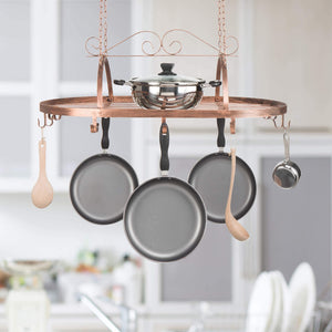 Discover the best bronze tone scrollwork metal ceiling mounted hanging rack for kitchen utensils pots pans holder