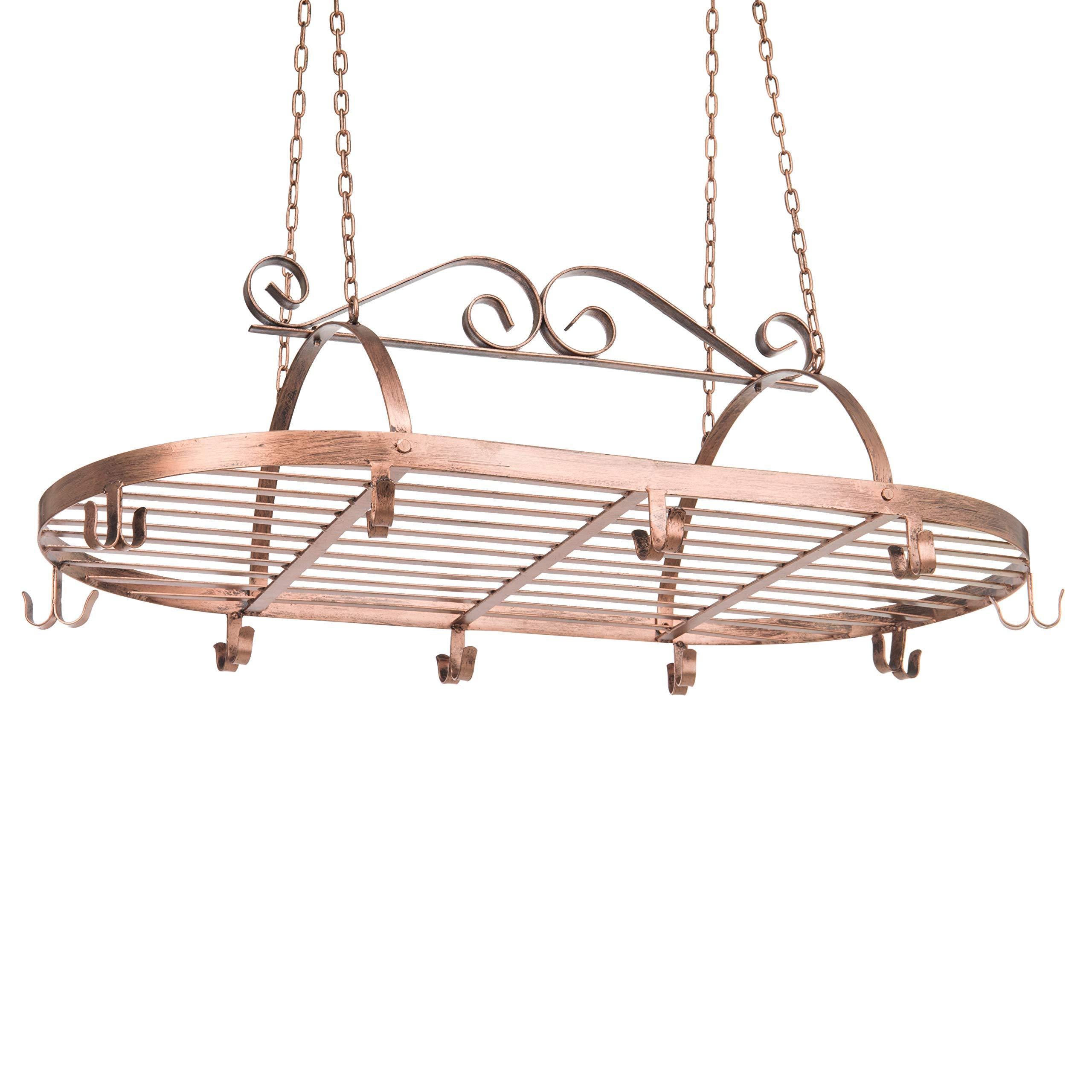 Featured bronze tone scrollwork metal ceiling mounted hanging rack for kitchen utensils pots pans holder