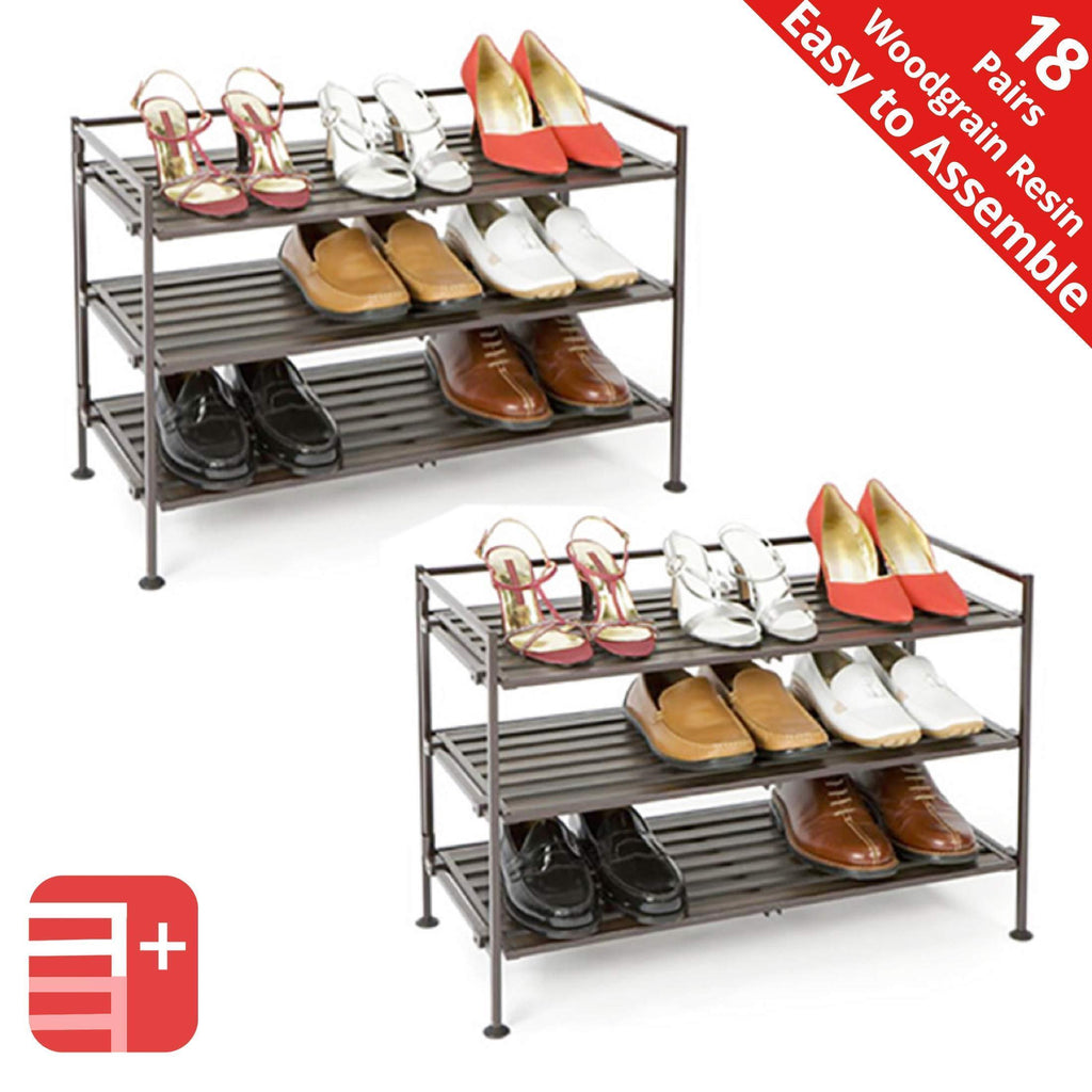 New seville classics 3 tier stackable 9 pair woodgrain resin slat shelf sturdy metal frame shoe storage rack organizer 2 pack perfect for bedroom closet entryway dorm room espresso