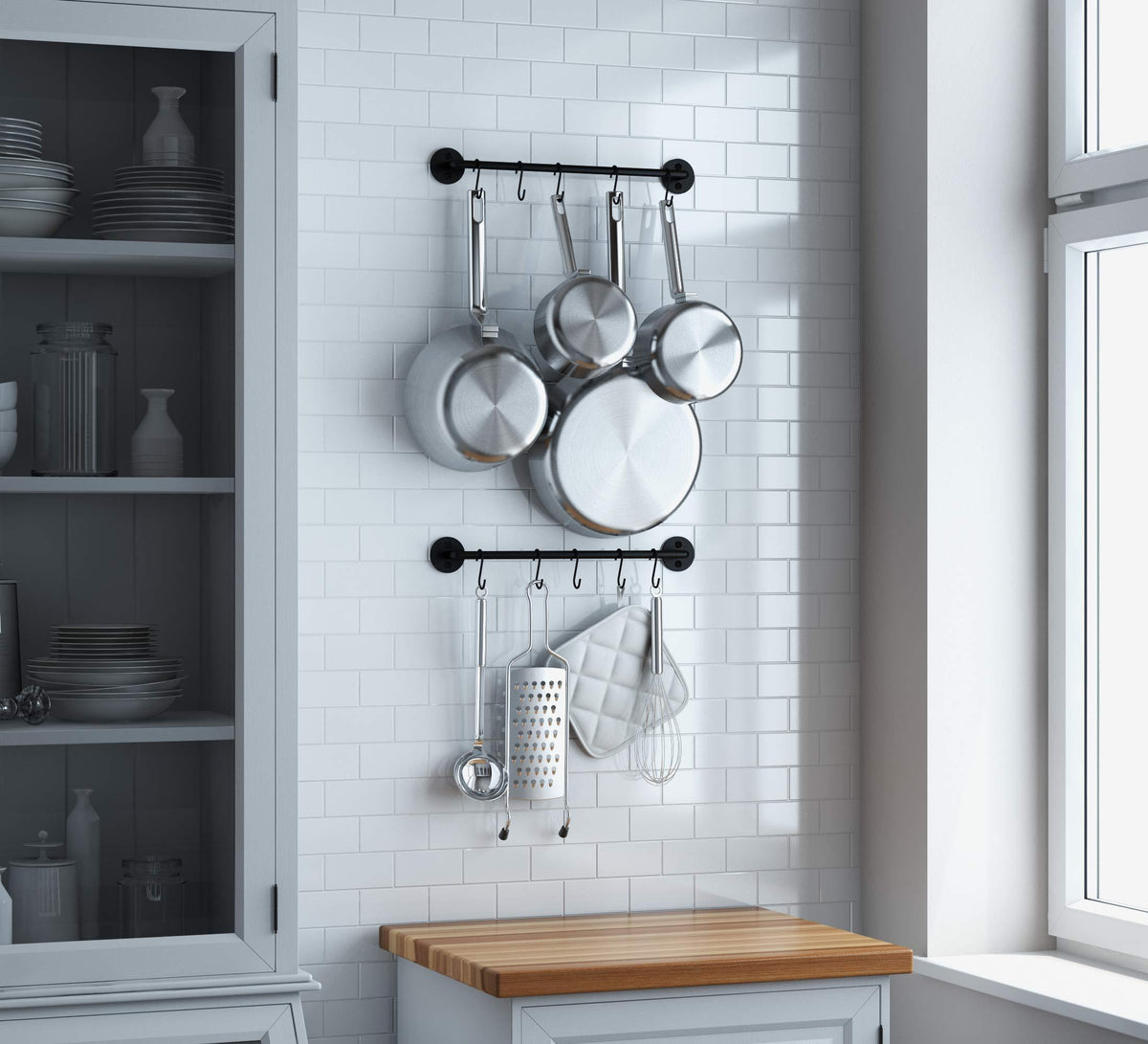 WALLNITURE Gourmet Kitchen Rail Rack Pot Pan Lid Organizer and 10 Hook ...