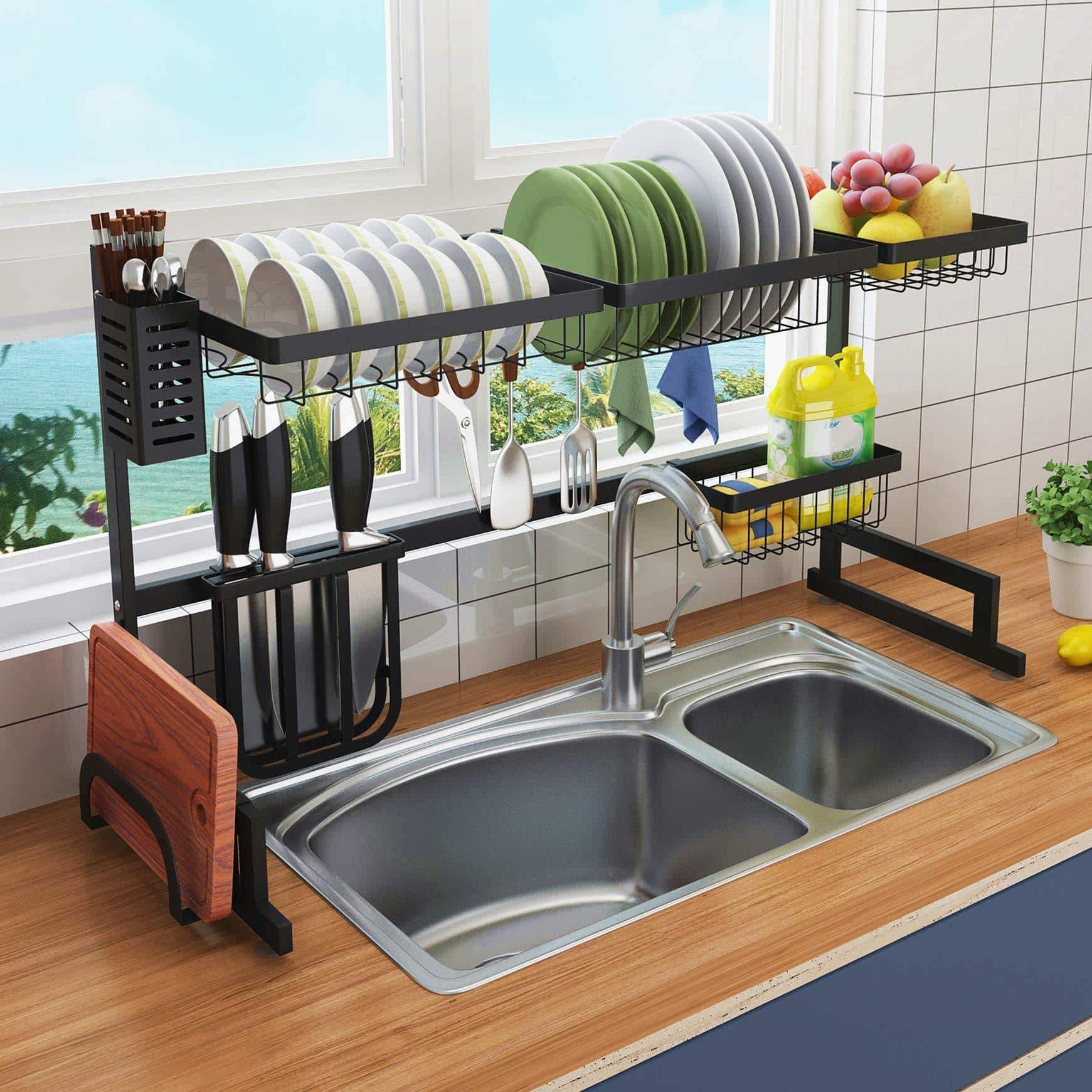 Kitchen over the sink dish drying rack 2 tier large 18 8 stainless steel drainer display shelf kitchen supplies storage accessories countertop space saver stand tableware organizer with utensil holder