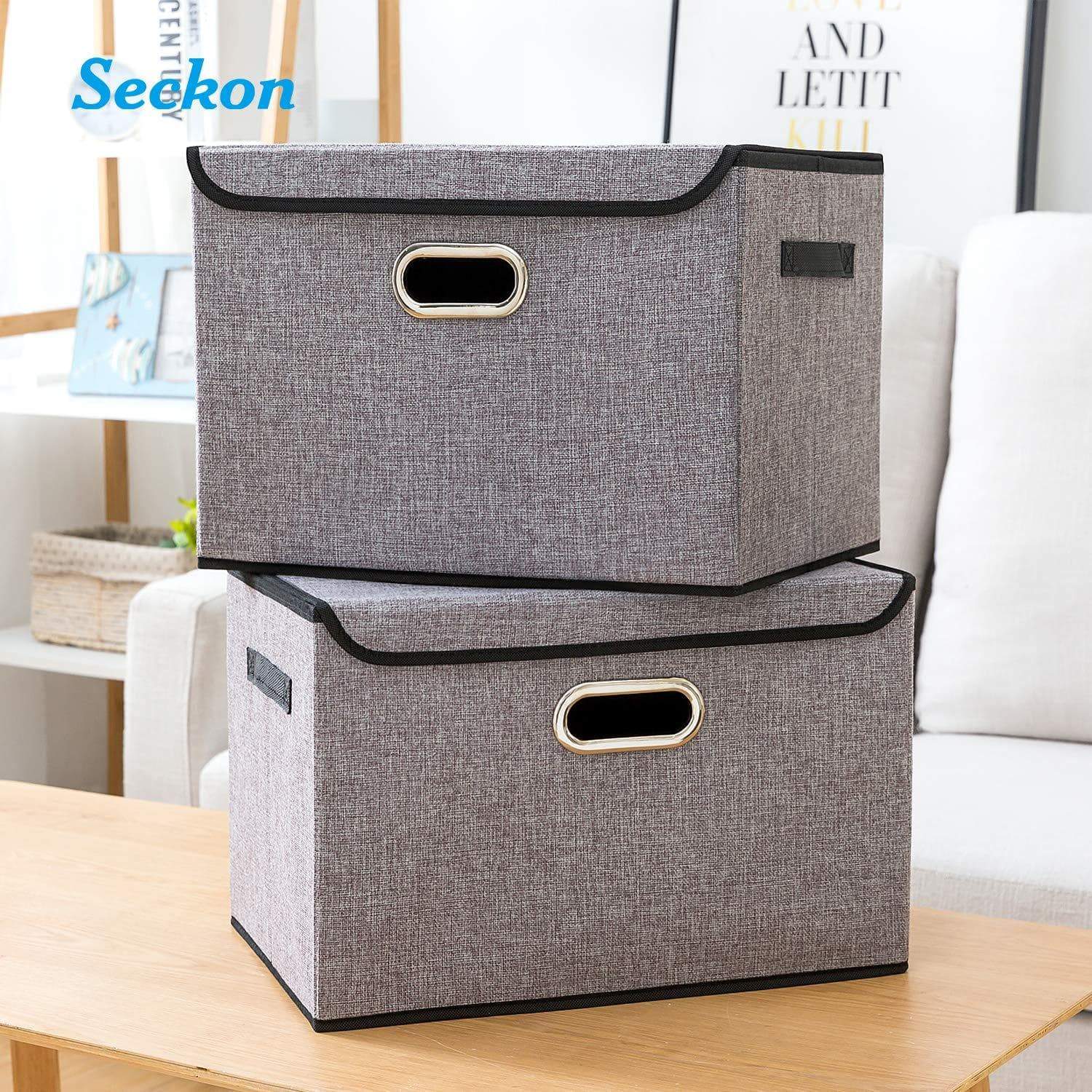 Exclusive seckon collapsible storage box container bins with lids covers2pack large odorless linen fabric storage organizers cube with metal handles for office bedroom closet toys
