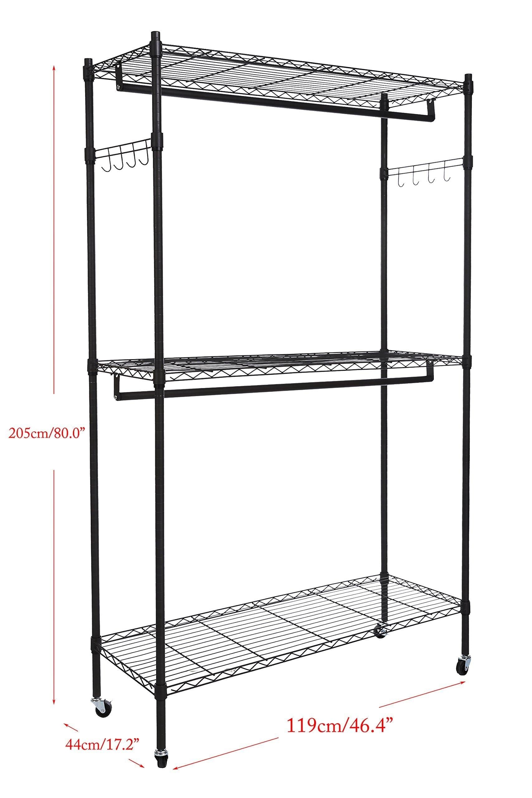 Discover the best homdox double rod closet 3 shelves wire shelving clothing rolling rack heavy duty garment rack with wheels and side hooks