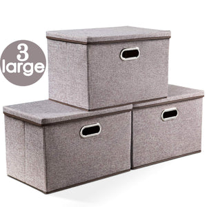 Save on prandom large collapsible storage bins with lids 3 pack linen fabric foldable storage boxes organizer containers baskets cube with cover for home bedroom closet office nursery 17 7x11 8x11 8