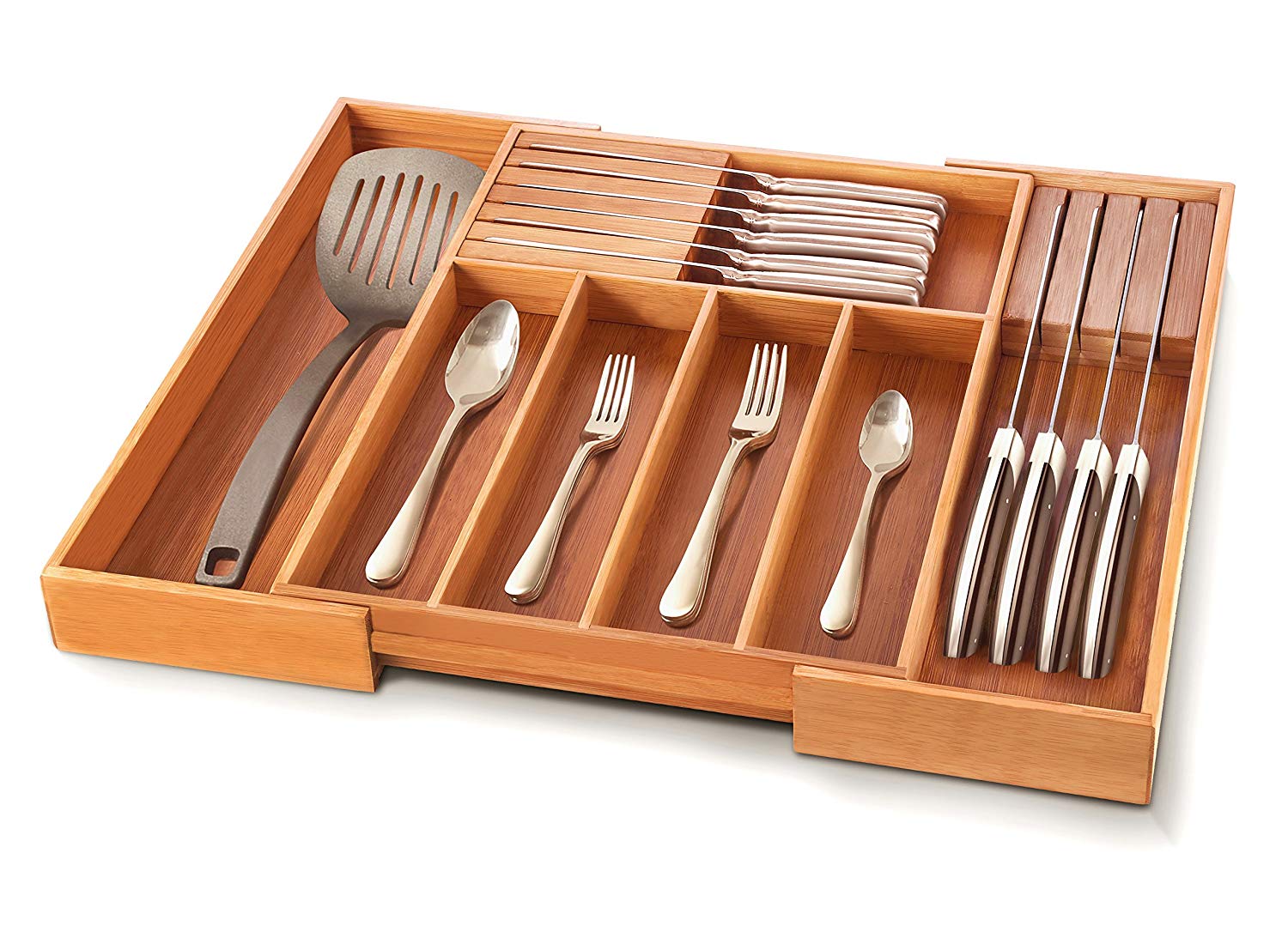 Bamboo Utensil Drawer Organizer - Expandable Cutlery Tray Silverware Holder with 2 Removable Knife Blocks