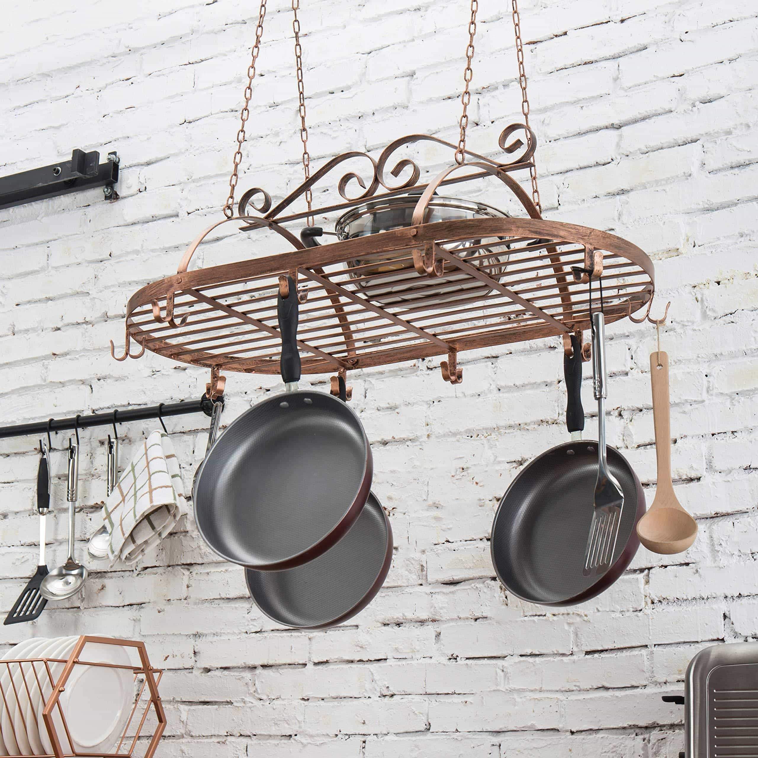 Exclusive bronze tone scrollwork metal ceiling mounted hanging rack for kitchen utensils pots pans holder